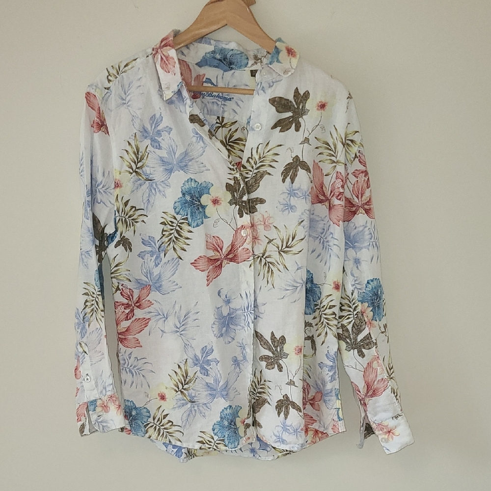 Tommy Bahama Women's 100% LINEN White Floral Button-Down Shirt  L